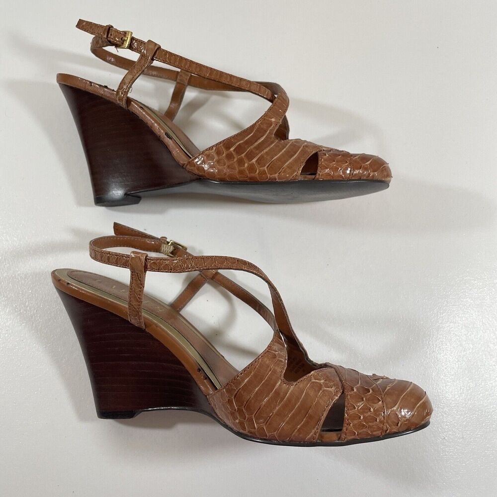 Womens Size 6 Ralph Lauren Brown Slingback Closed Toe Wedge Heel Snakeskin - Picture 12 of 16